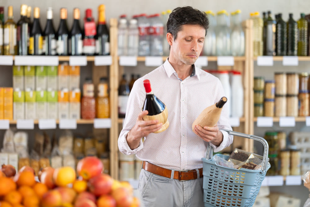 Man in light shirt choose and buy wine in store
