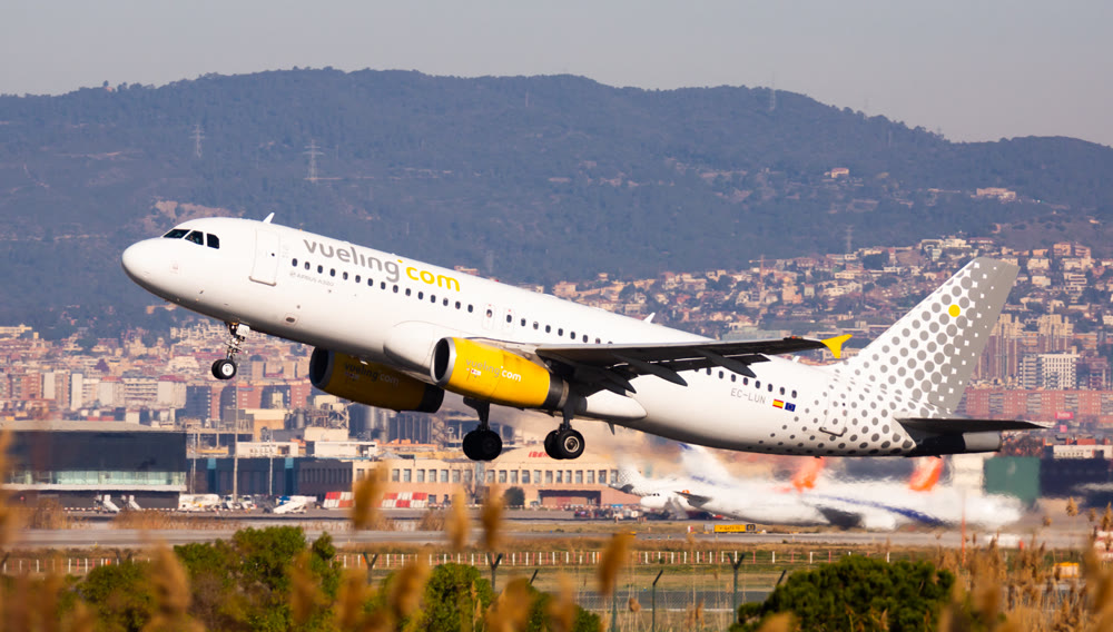Barcelona, El Prat - February 02, 2020: Airline Vueling plane takes off from the runway at Barcelona El Prat airport. Board number EC-LUN