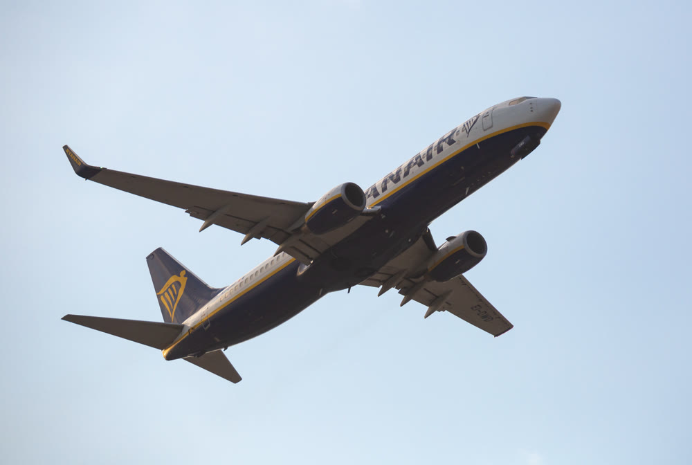 Barcelona, Spain - January 26, 2020: Raynayr airline plane takes off from the runway at Barcelona El Prat airport. Board number EI-DWD