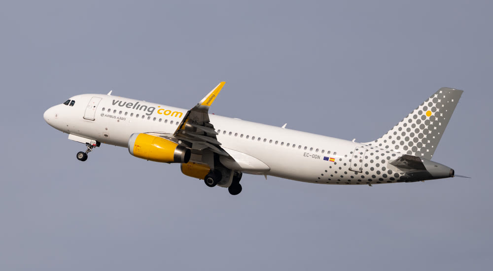  Vueling Airbus A320-232 airplane takes off from Barcelona Airport