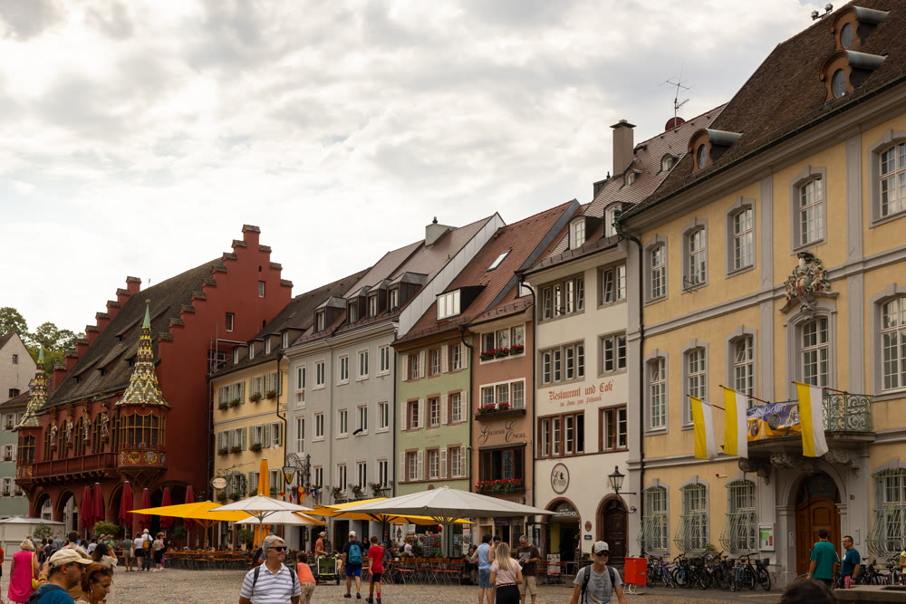 Street scene with historic architecture in own Freiburg im Breisgau