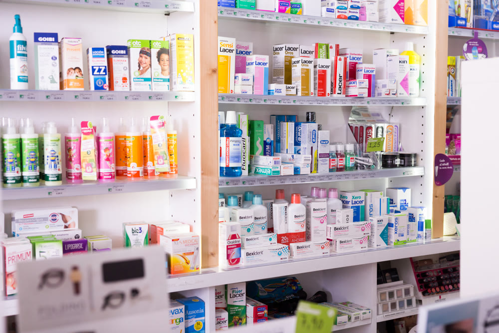 Different medicines on the shelves in the pharmaceutical store