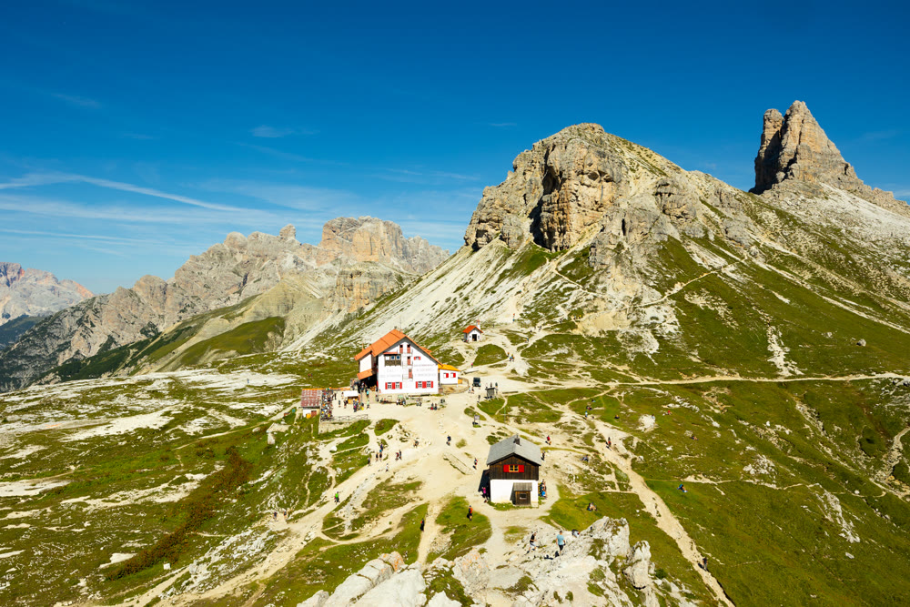 ITALY, DREIZINNENHUTTE - AUGUST 12, 2023: Dreizinnenhutte, Rifugio Antonio Locatelli, Dolomites, South Tyrol, Italy