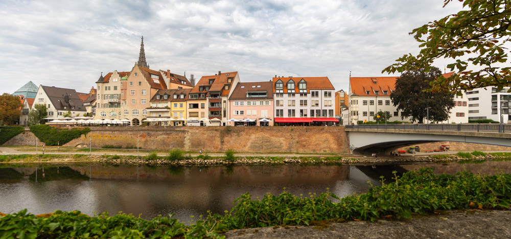 View of Ulm town from opposite bank of Danube river.