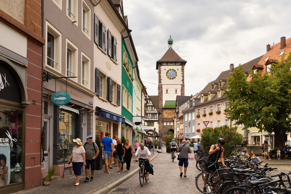 Street scene with historic architecture in own Freiburg im Breisgau