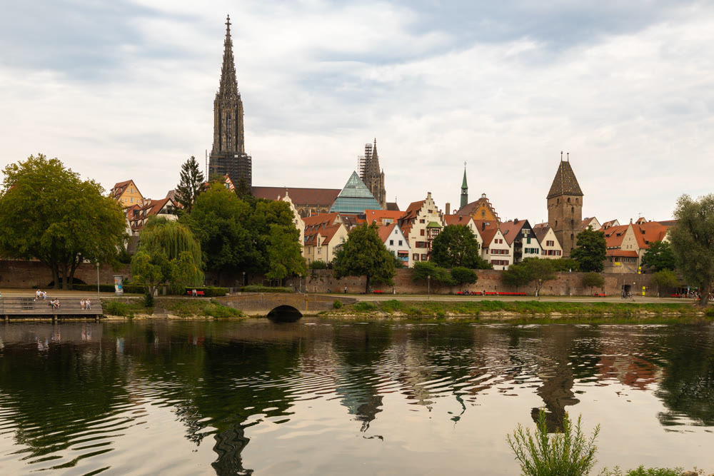 View of Ulm town from opposite bank of Danube river.