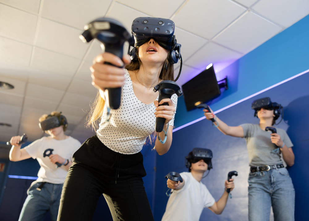girl in vr helmet act and escape flying asteroids during space adventure game.bottom view