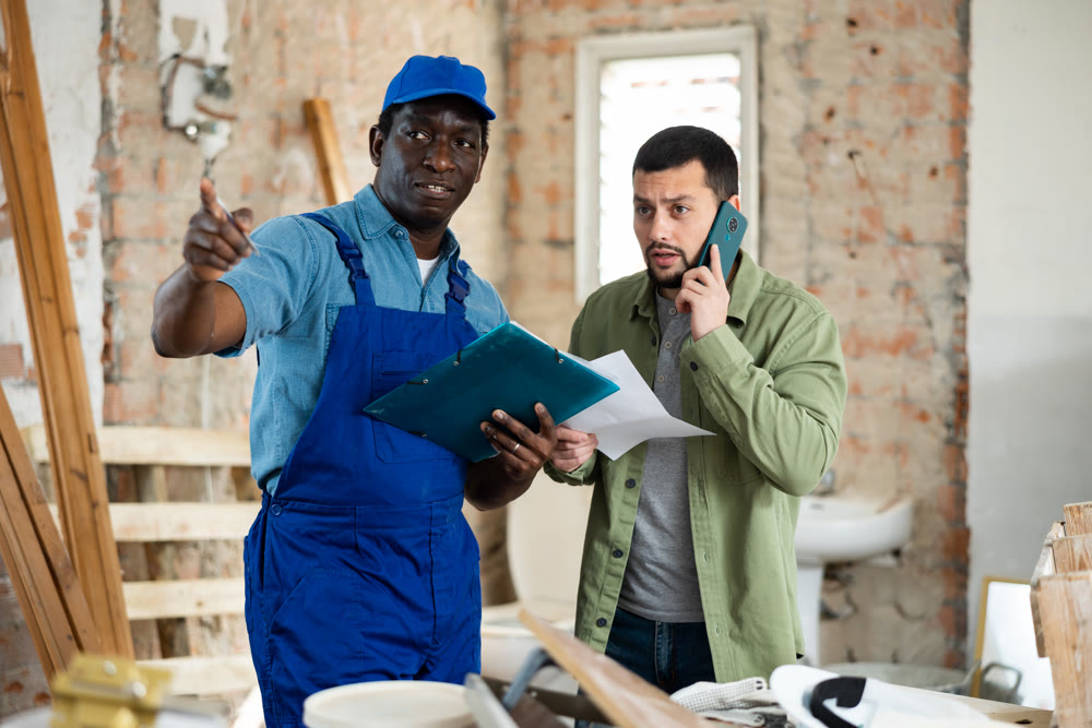 Two men talking on indoor construction site