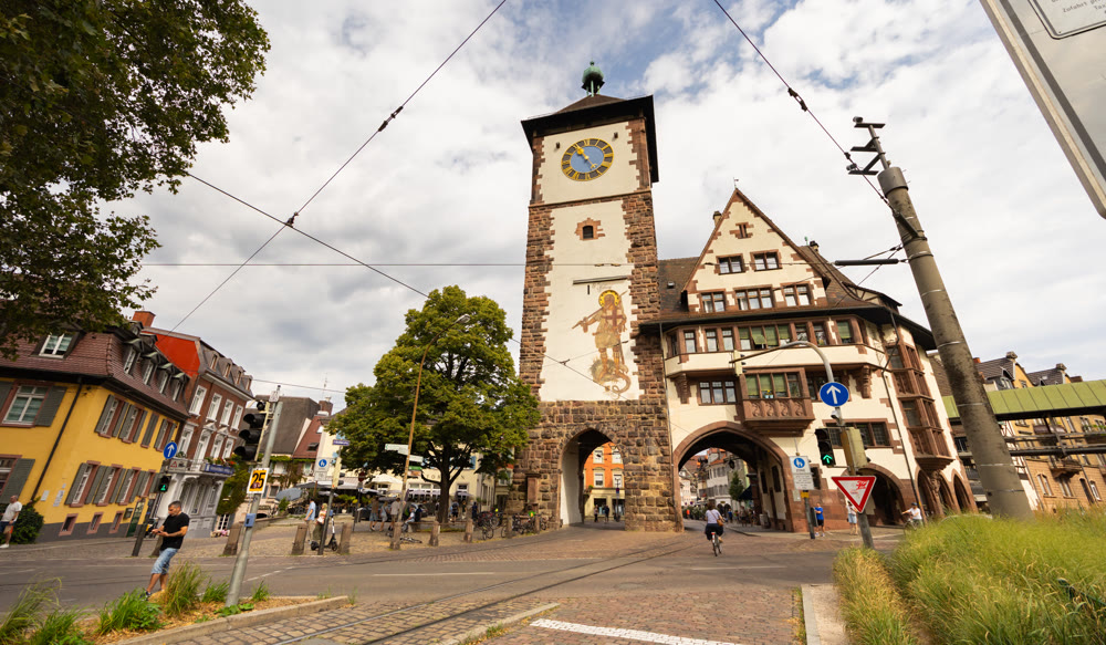 Street scene with historic architecture in own Freiburg im Breisgau