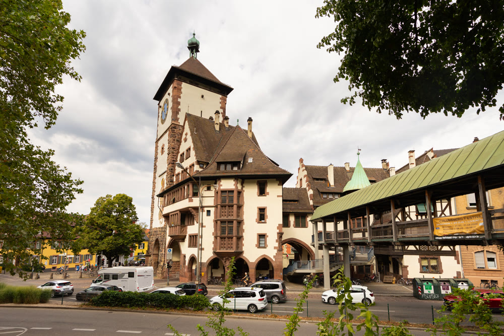 Street scene with historic architecture in own Freiburg im Breisgau