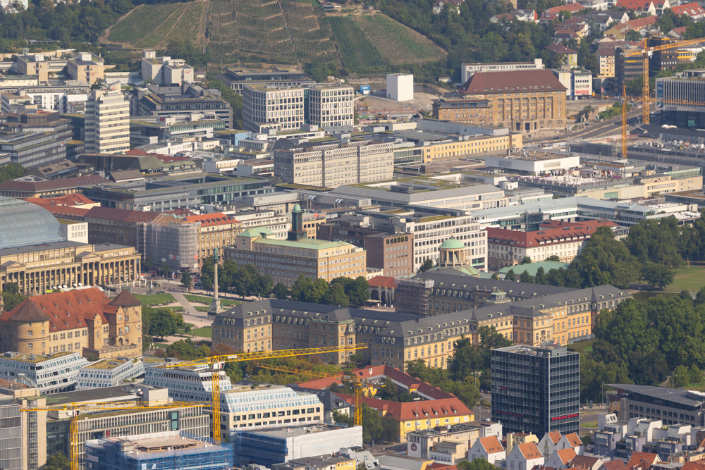 Panoramic cityscape featuring old town buildings in historic center of Stuttgart