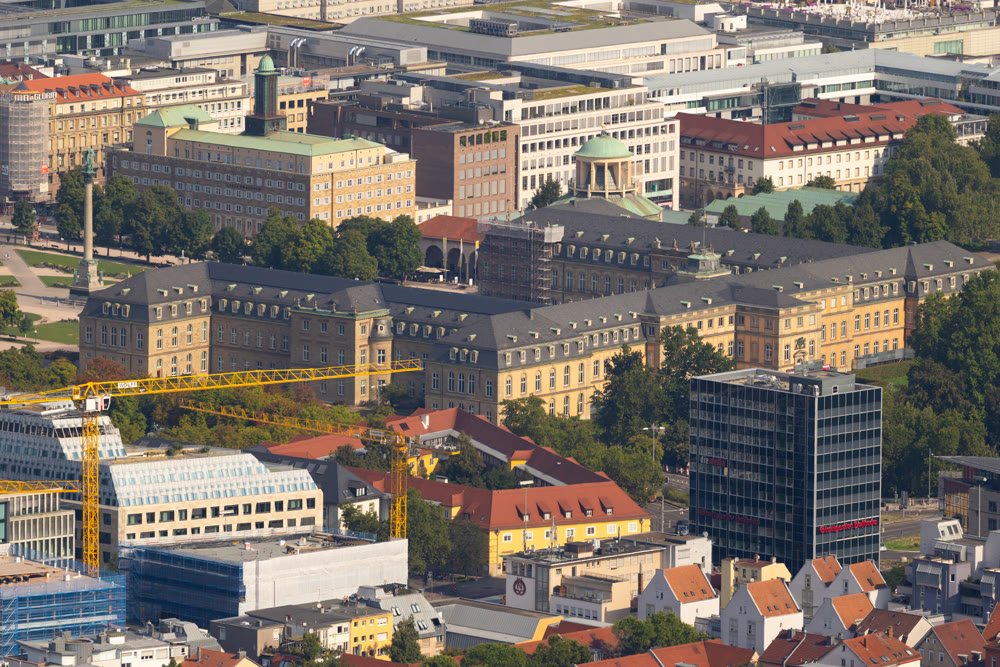 Panoramic cityscape featuring old town buildings in historic center of Stuttgart