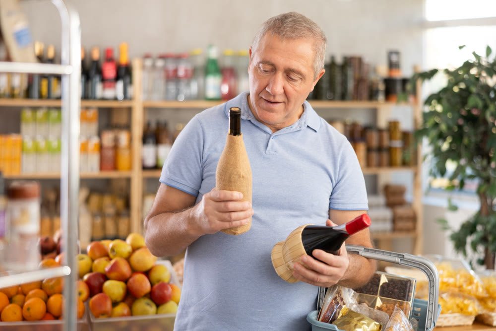 Elderly man choosing wine in grocery store