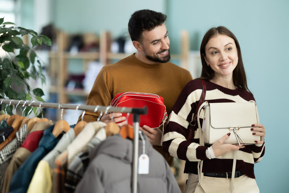 Woman selects handbag in clothing store. Man helps her