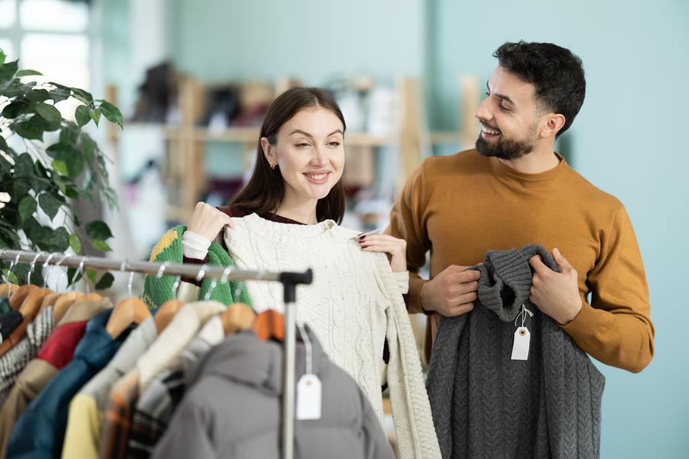 Couple choose sweater in store