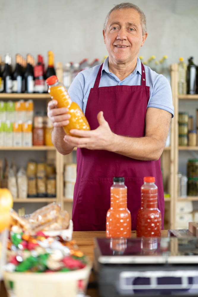 Mature salesman is offering bottled juice in grocery