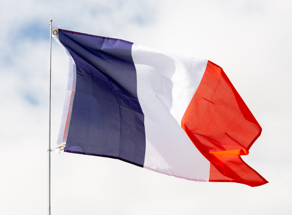 Flag of France waving on cloudy sky during daytime