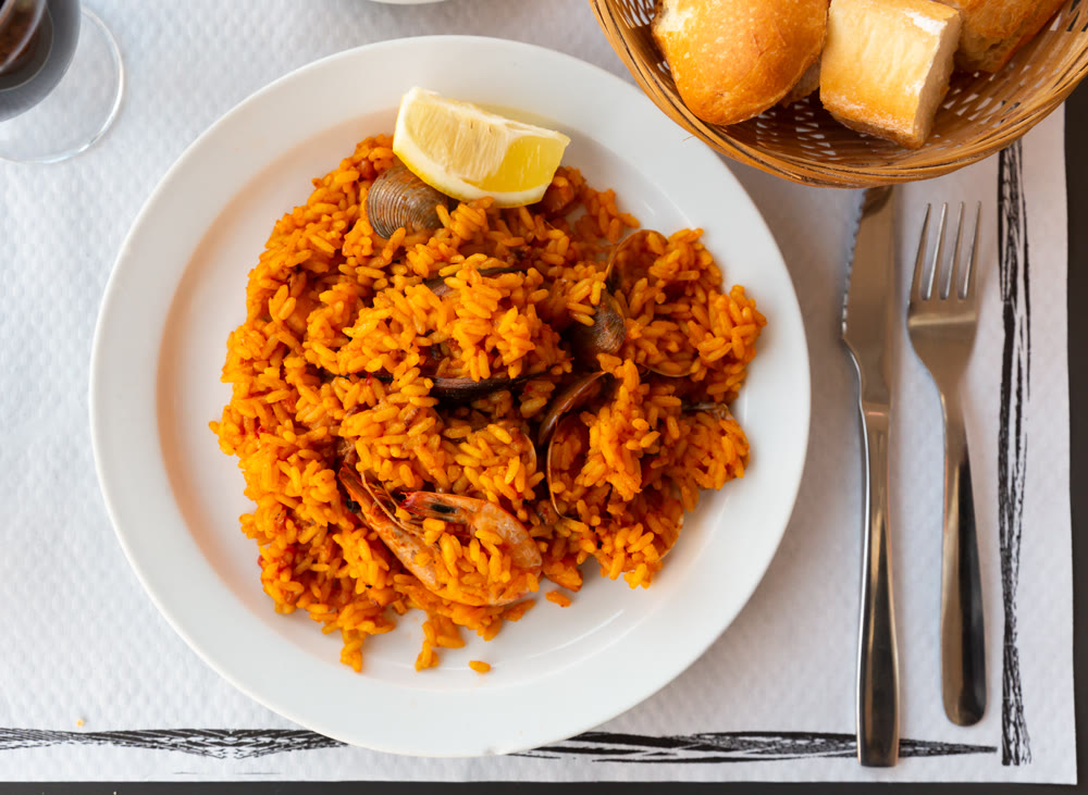 Paella on white plate