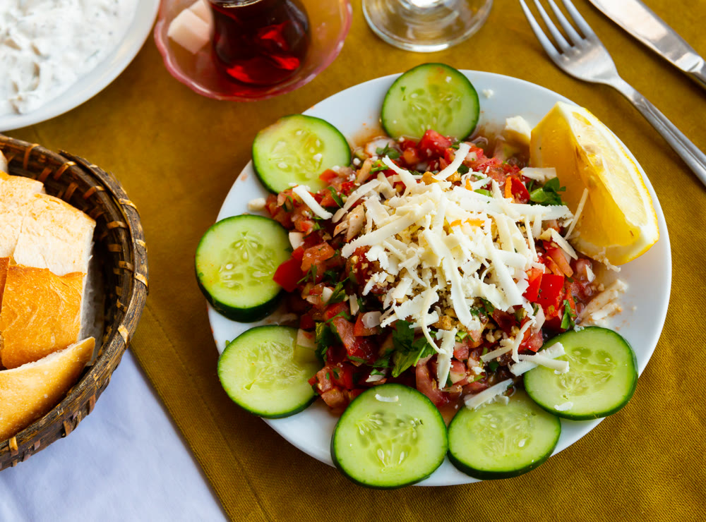 Turkish gavurdagi salad with cheese and cucumber