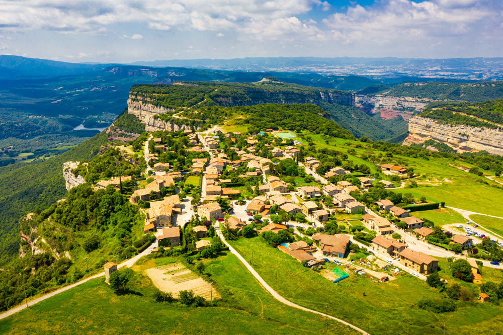 Rocky landscape with Spanish village of Tavertet, Catalonia