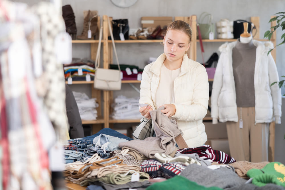 Selective teen girl choosing trousers in clothing store