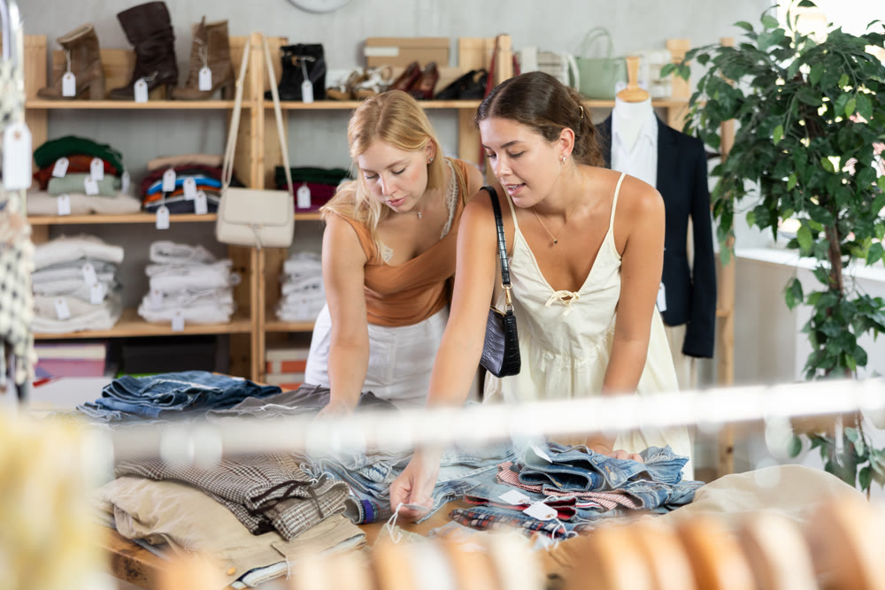 Two women choosing pants in a store