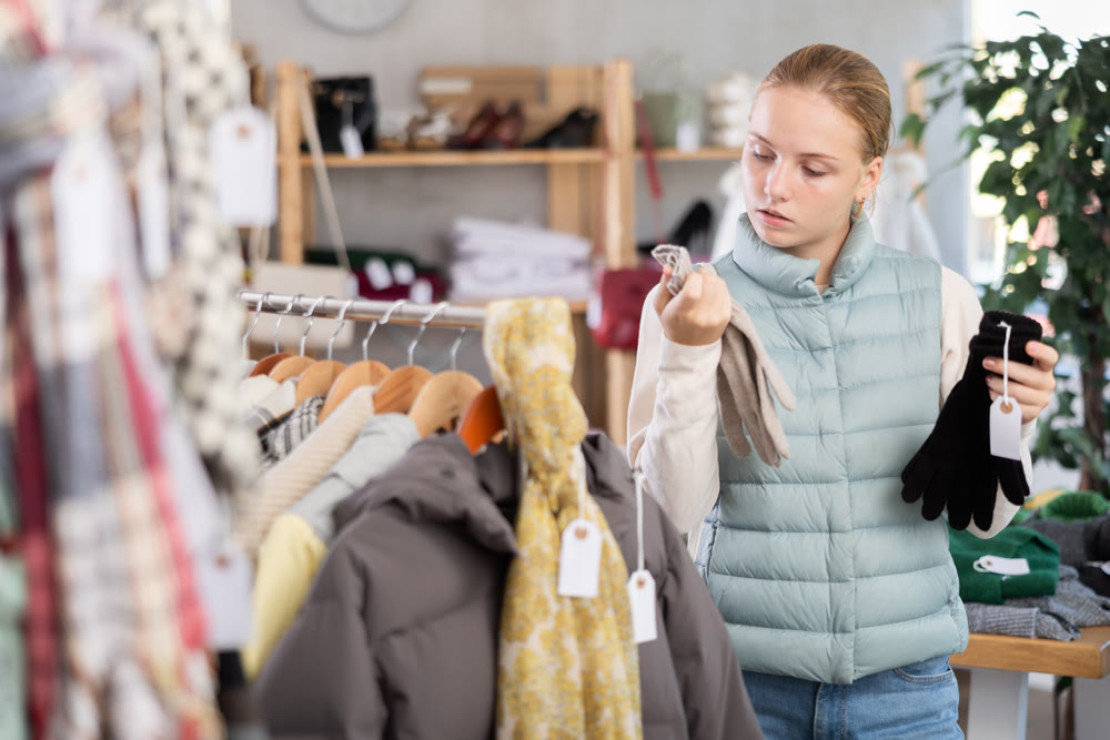Teenage girl choosing winter gloves in clothing store