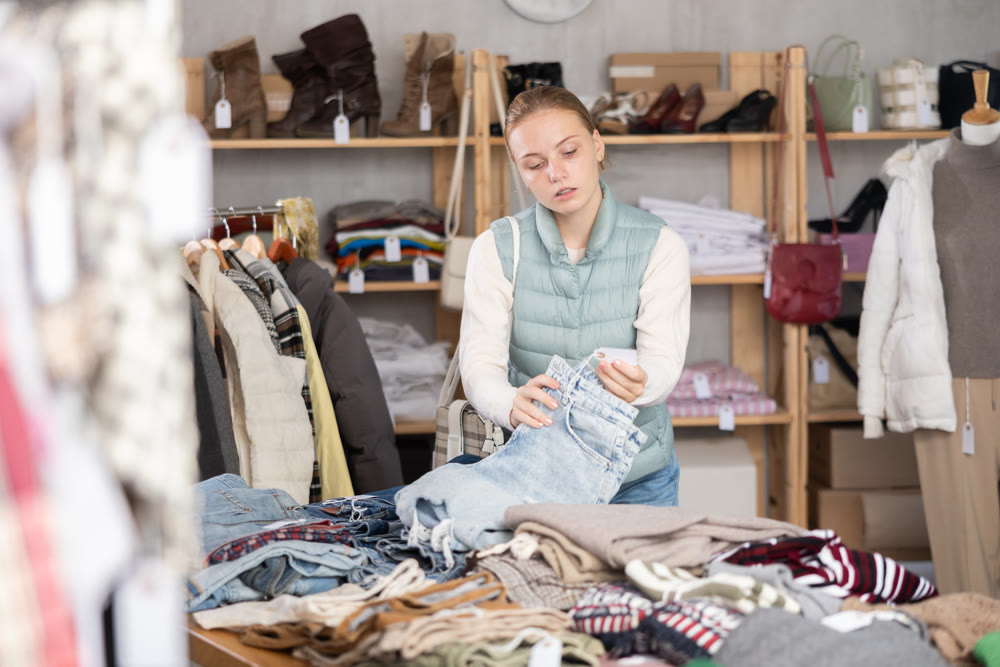 While shopping, teen girl browsing goods items and choose elect denim trousers in store