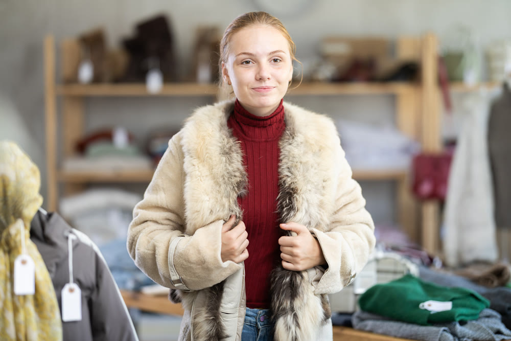 Girl try on fur coat in front of mirror