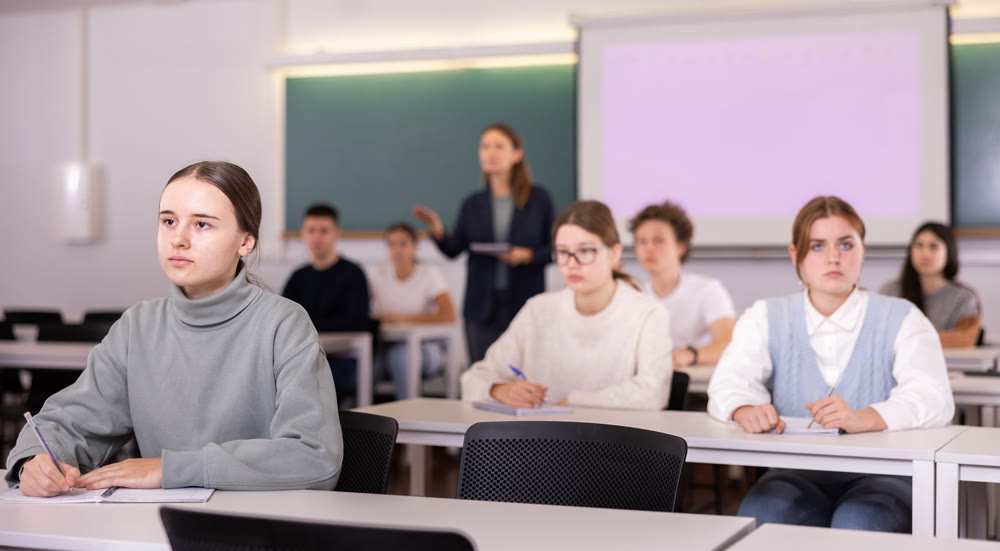 Girl and boy sitting at lesson in classroom, teacher standing