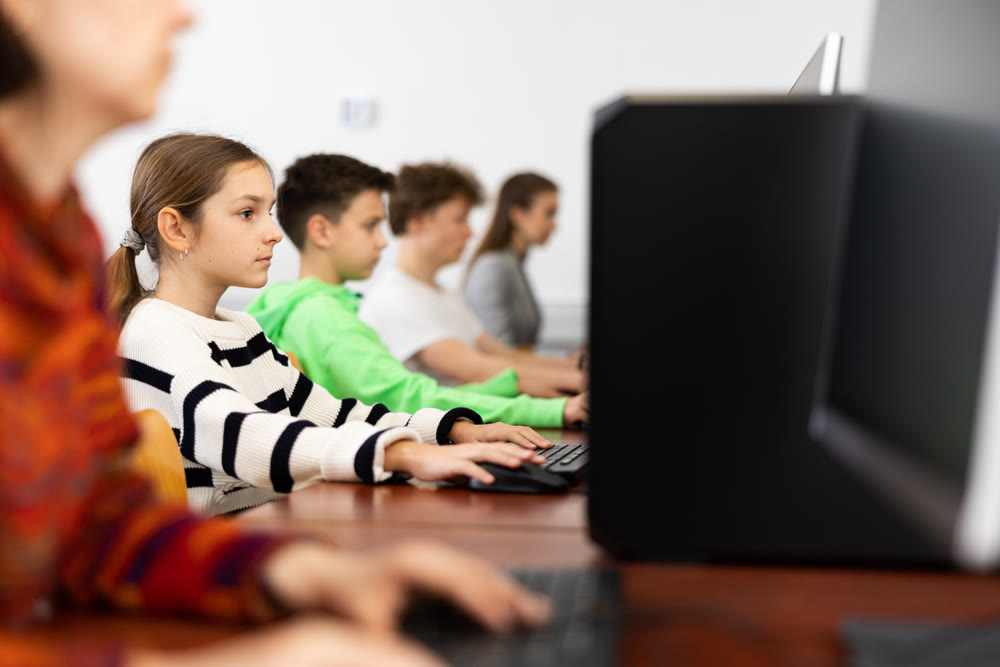 Young girl learning to use personal computer during lesson