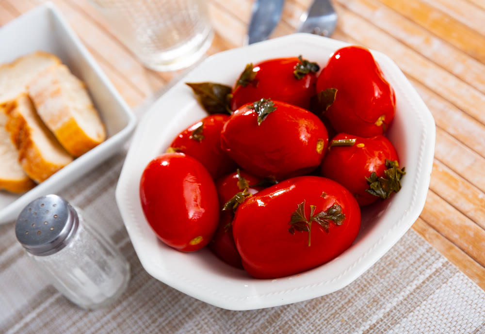 Homemade spicy pickled tomatoes. Healthy vitamin food