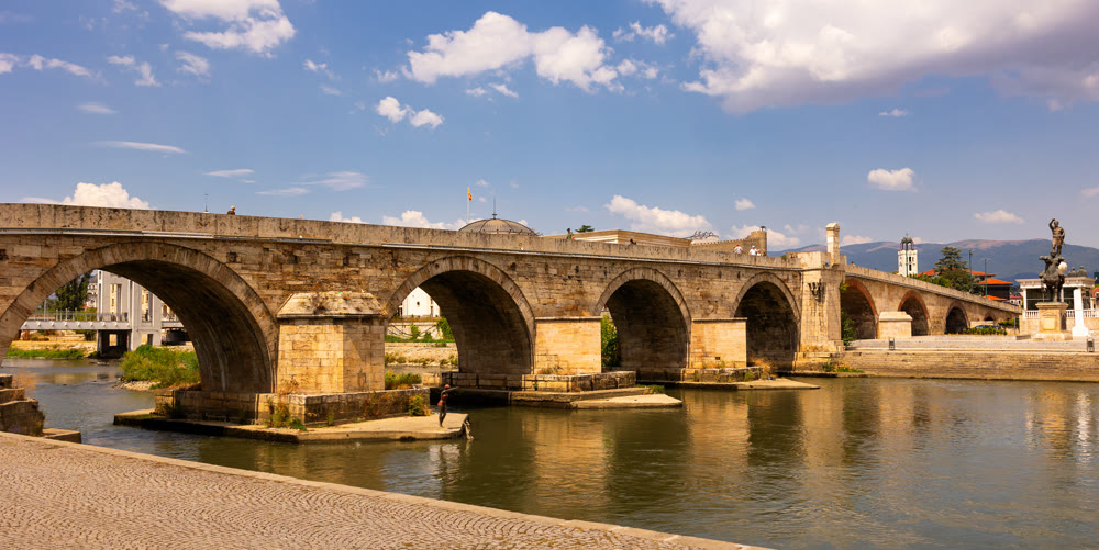 Stone Bridge across Vardar River in Skopje, North Macedonia