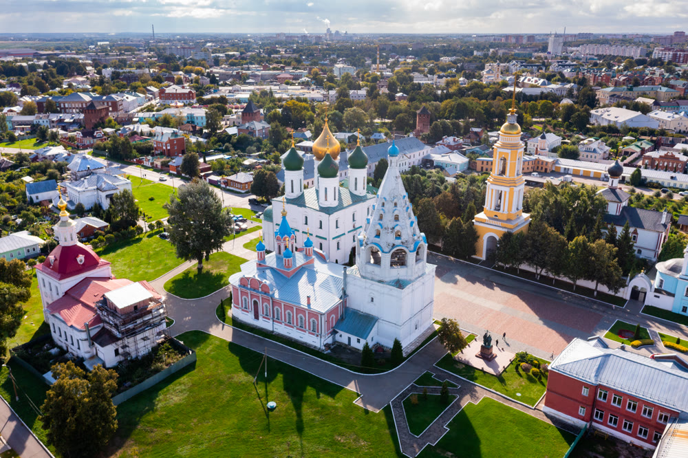View from drone on Kolomna Kremlin in summer, Russia
