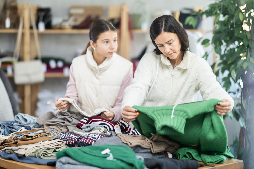 Adult woman and teenage girl choose sweater