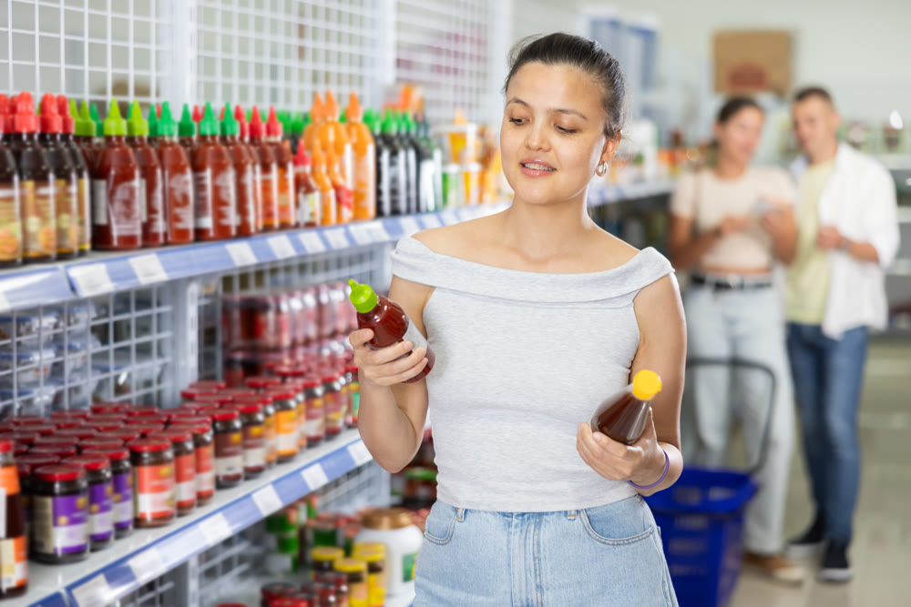 Young woman chooses chili sauce in store