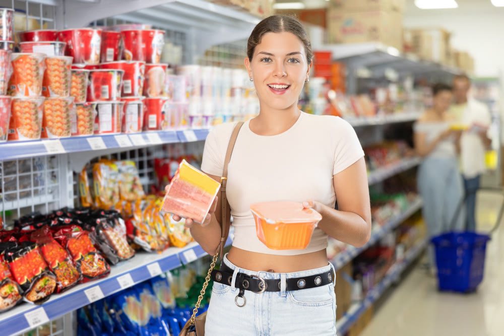 Female shopper choosing traditional Chinese noodles in supermarket