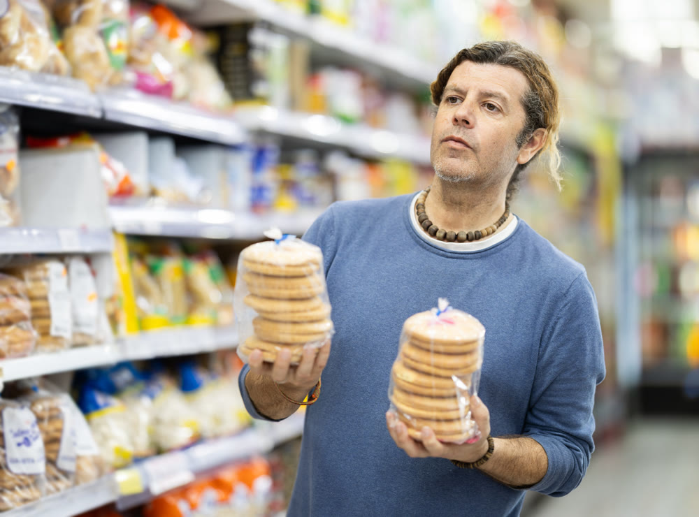 Adult man choosing cookies at grocery store