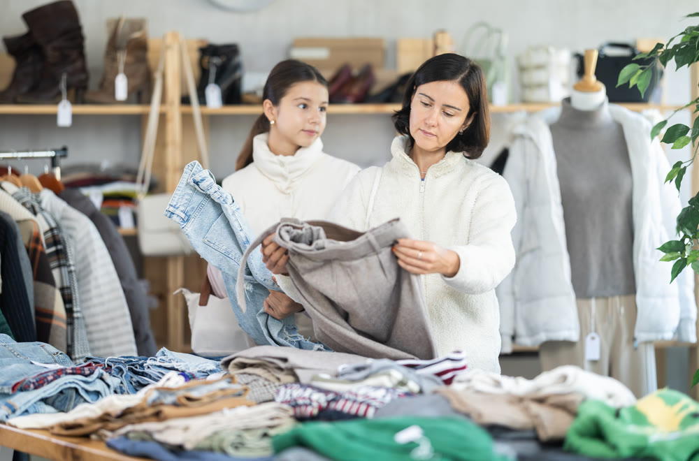 Adult woman and teenage girl choose jeans and trousers
