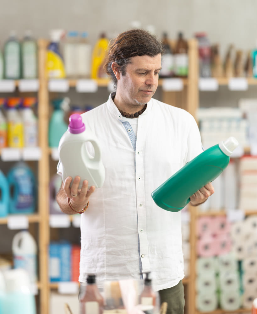 Adult man buyer chooses detergent in store