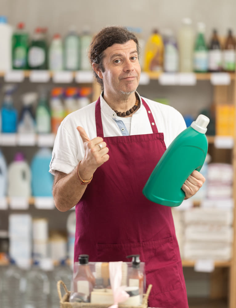 Man seller advertises liquid detergent