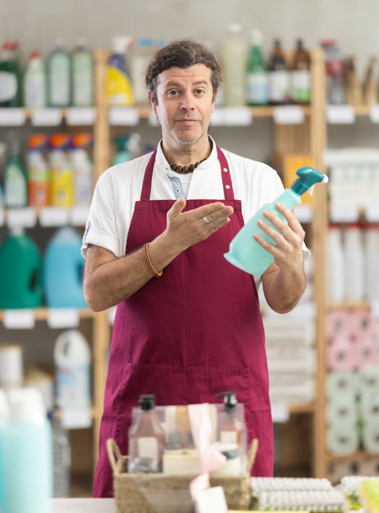 Adult male seller offering cleaning spray