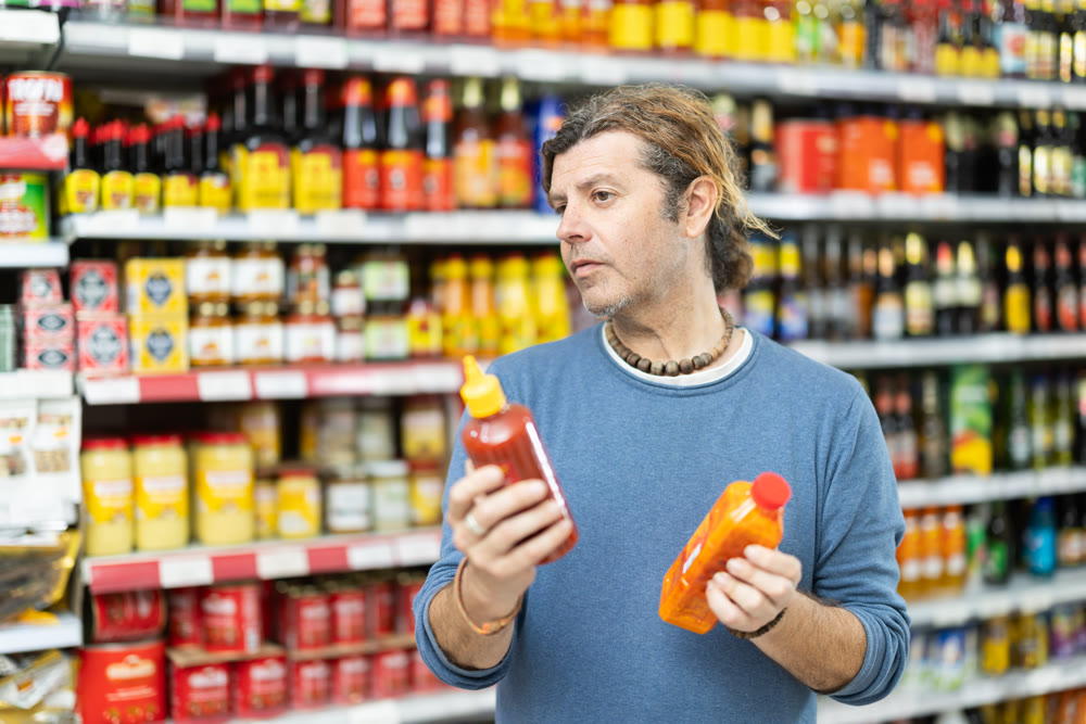 Adult man chooses sauces in grocery store