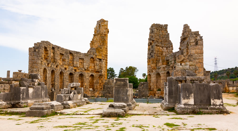Remains of Hellenistic gate and colonnaded street of Perge, Turkey