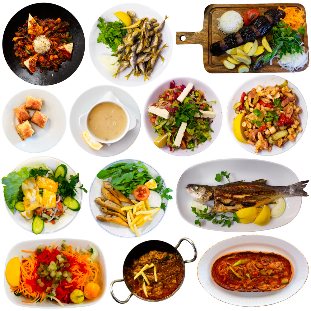 Set of various tasty dishes of Turkish cuisine isolated