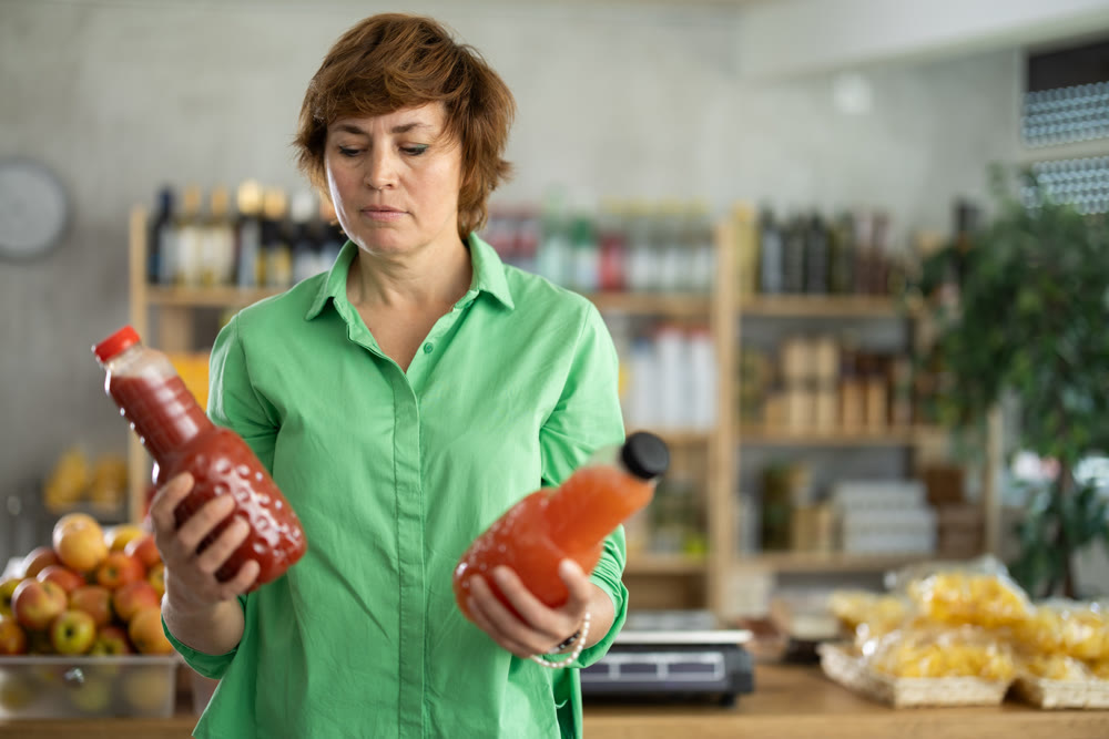 Adult woman chooses grapefruit and tomato juices
