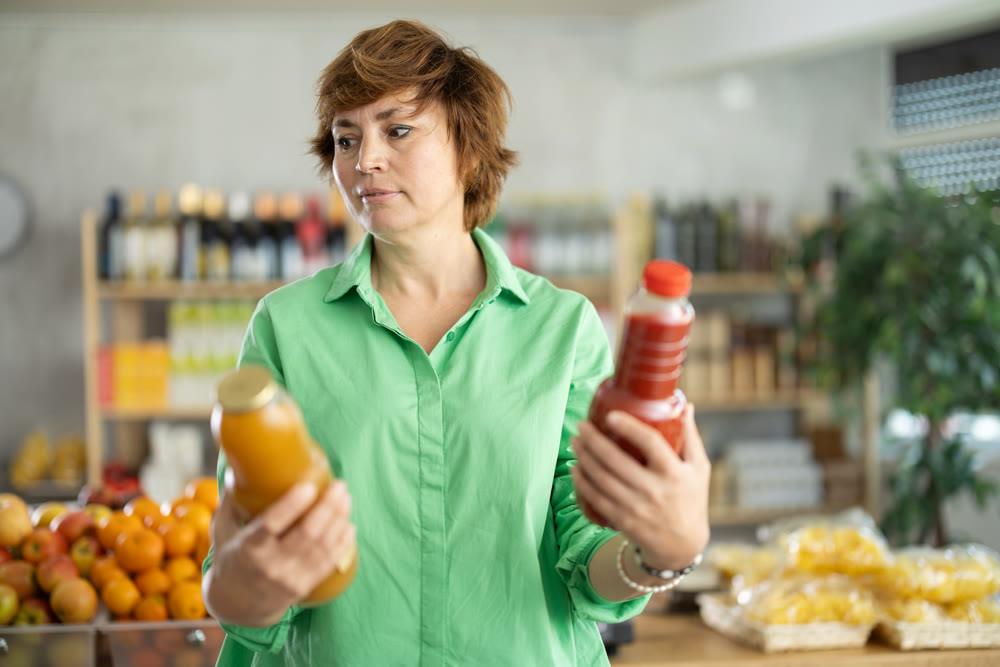 Grocery shopping at supermarket - woman chooses juice, tomato, grapefruit or peach