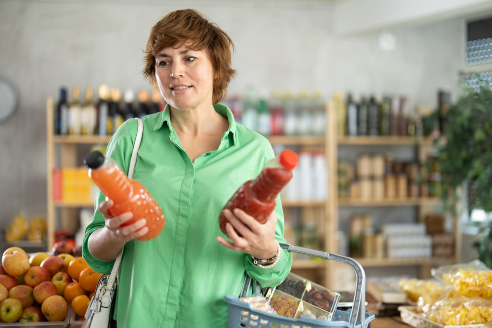 Grocery shopping at supermarket - woman chooses juice, tomato, grapefruit or peach