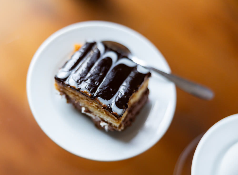 Piece of chocolate cake served for dessert