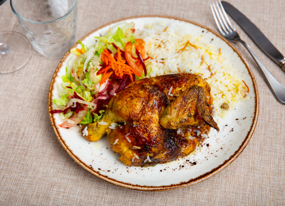 Delicious chicken dish with salad and rice
